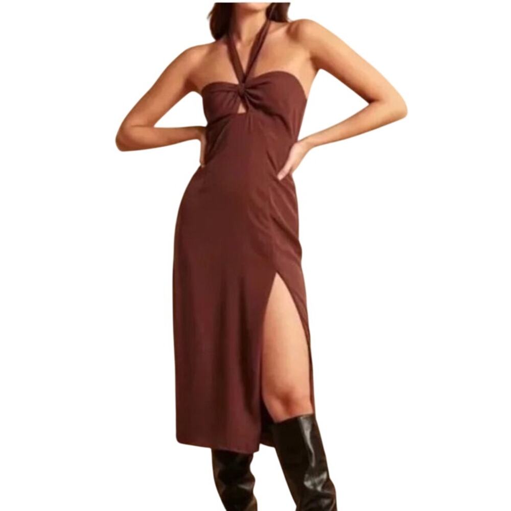 NEW $120 Abercrombie Brown Halter Dress XL Cut Out Slit Neutral Wedding Guest